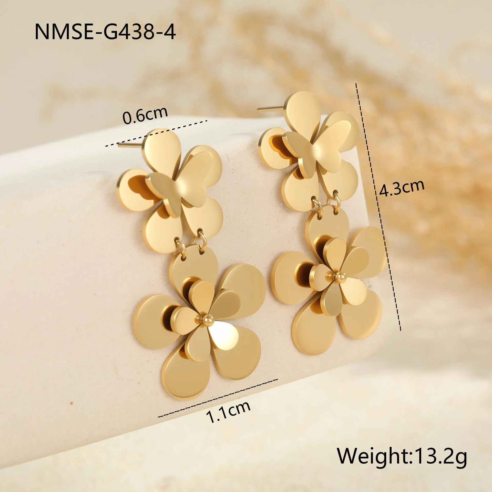 Gold flower butterfly stainless steel earrings for women with 18K electroplating