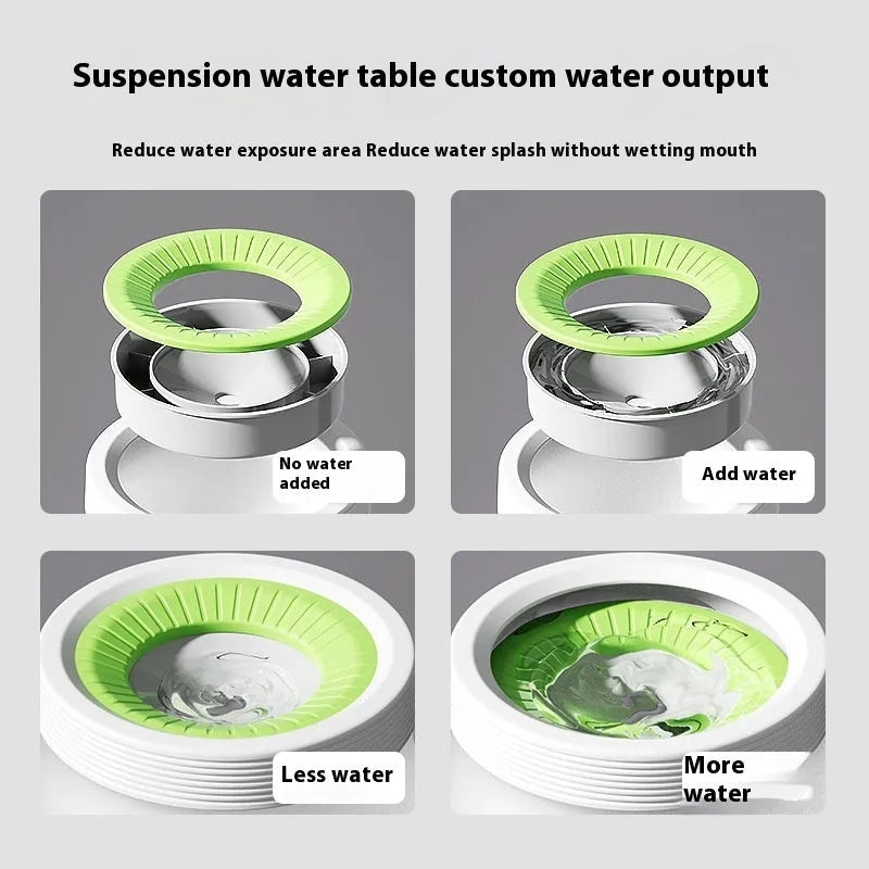 Green pet suspension bowl with non-wet mouth design for cats and dogs on white plate