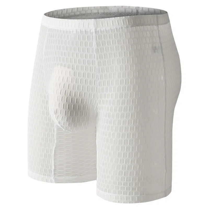 Men's lace boxer briefs in black on a white background, showing the lengthened hip design.