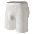 Men's lace boxer briefs in black on a white background, showing the lengthened hip design.