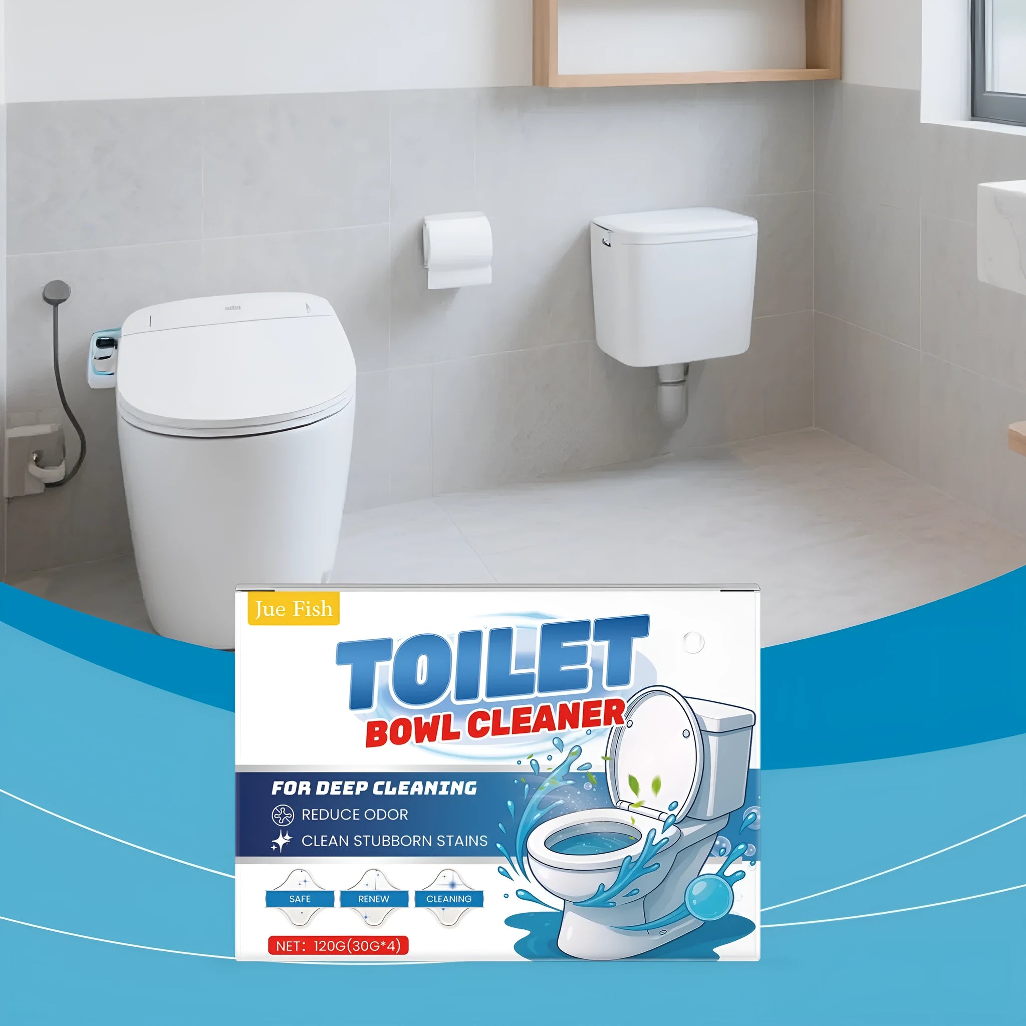 Pack of four 30g sachets of toilet bowl cleaning powder for removing limescale and stains.