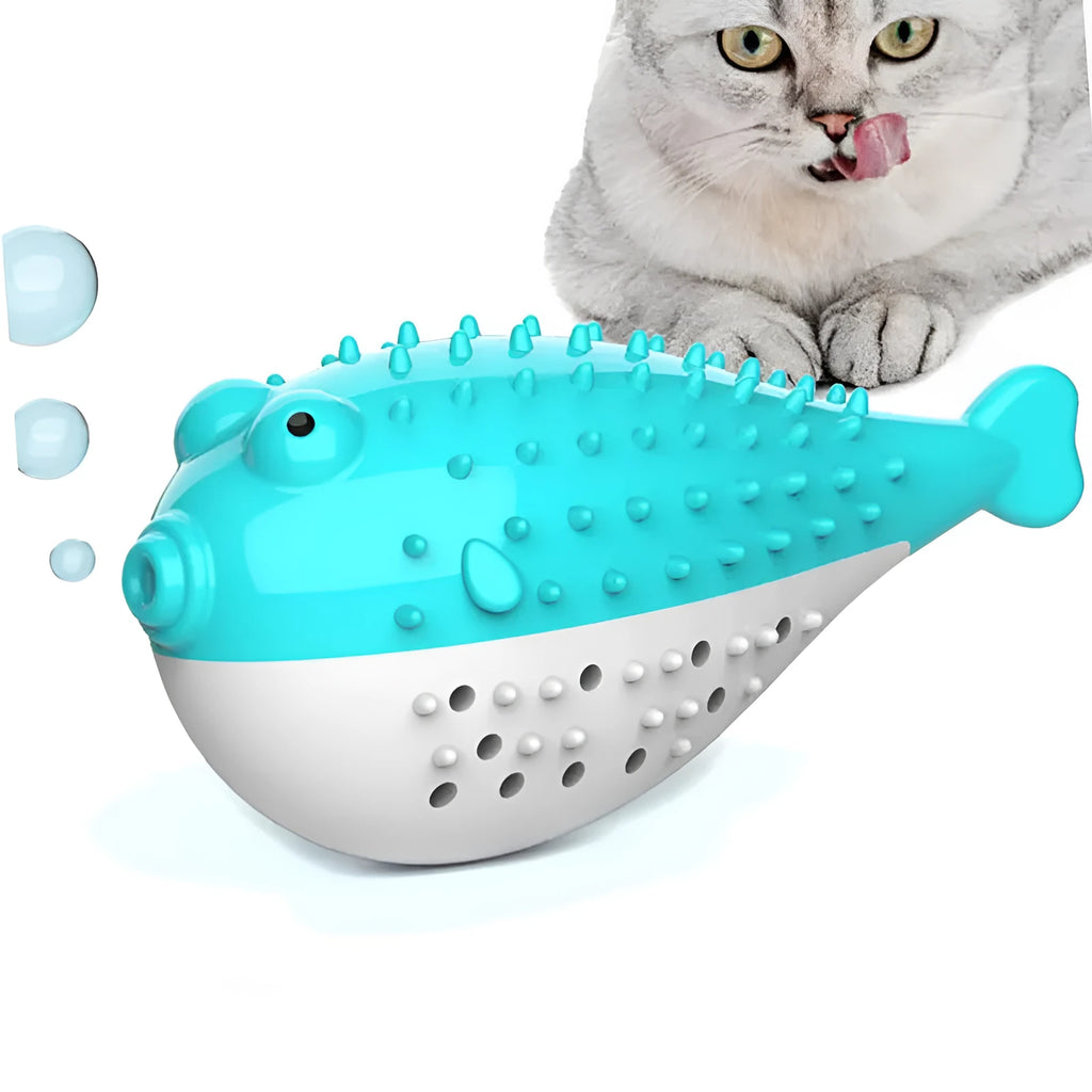 Blue silicone fish-shaped cat chew toy and teaser on a white background
