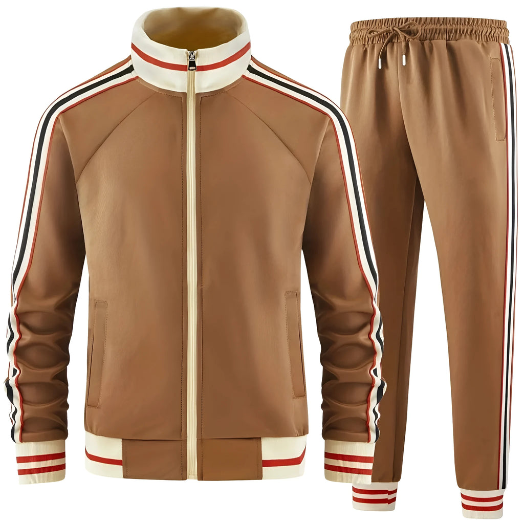 Polyester street style two-piece suit with turtleneck zipper cardigan and matching trousers in khaki colour