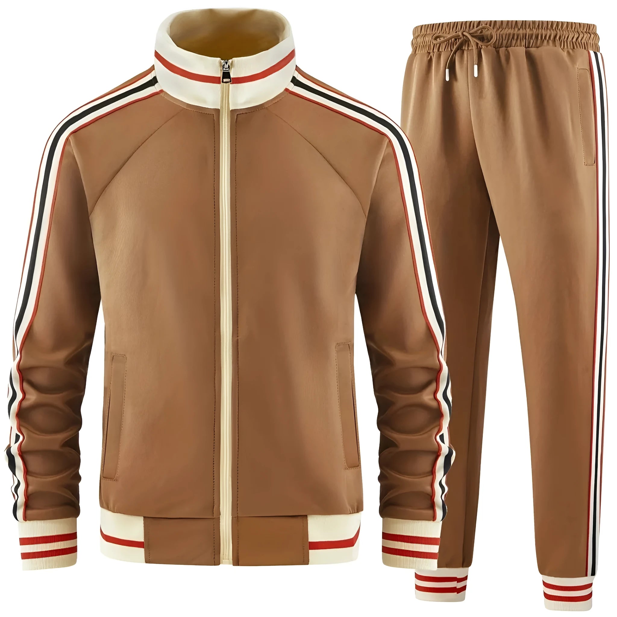 Polyester street style two-piece suit with turtleneck zipper cardigan and matching trousers in khaki colour