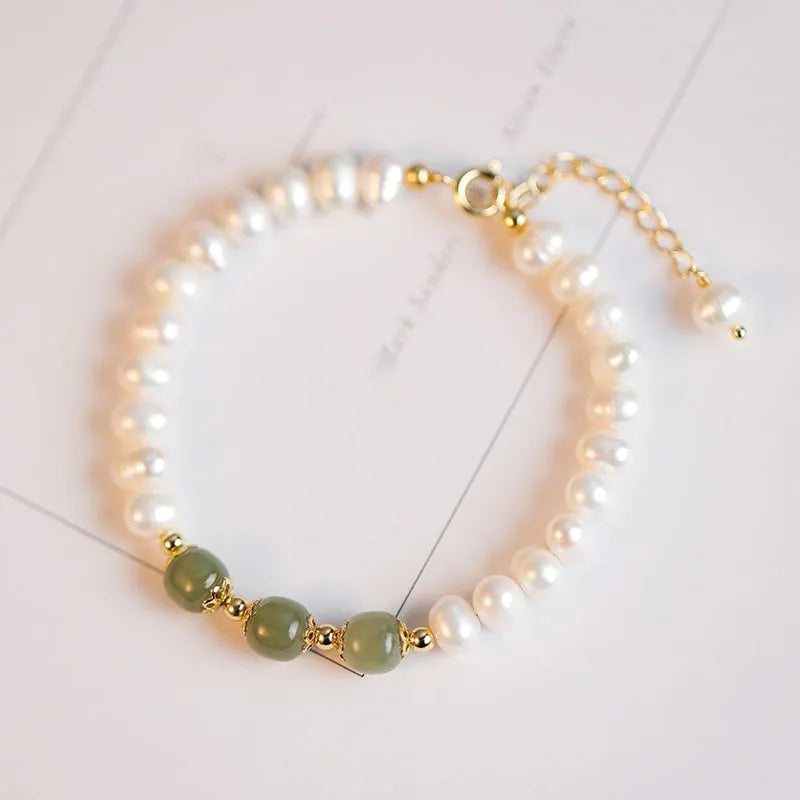 Natural freshwater pearl bracelet with diamond-shaped beads in deep and light Hetian jade green electroplated finish