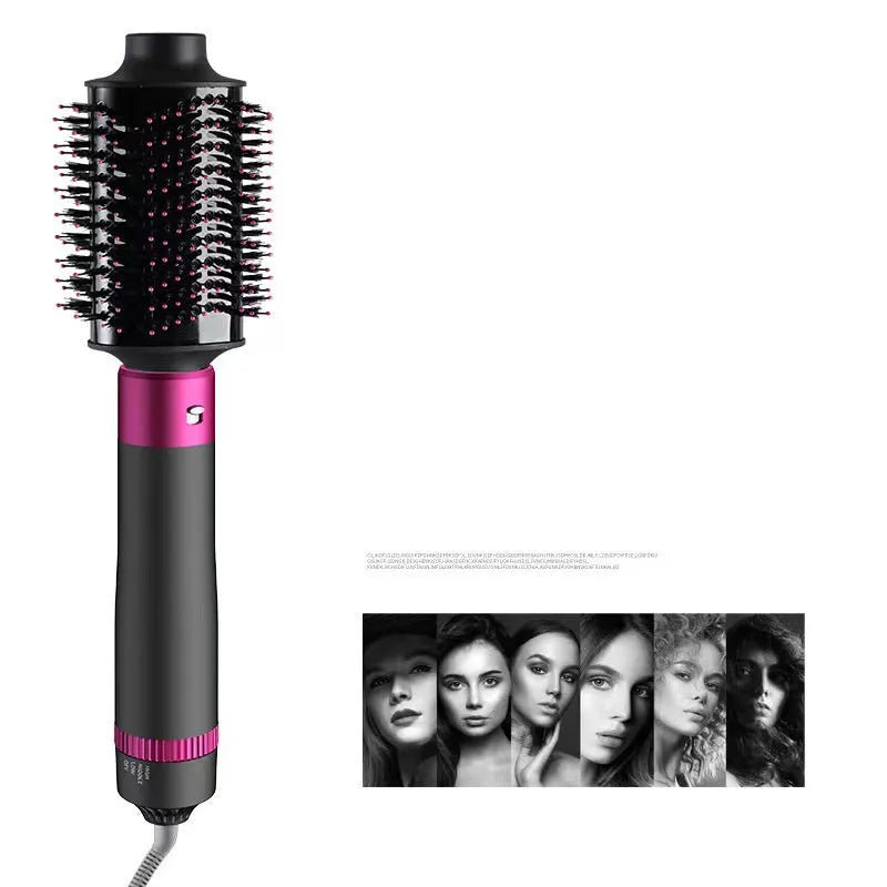 Dyson grey 5-in-1 hair dryer brush styler with five brush attachments on a white background.