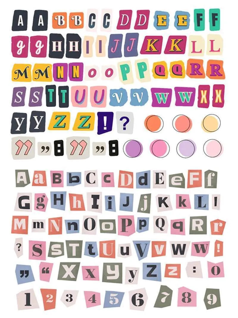 Set of English letters and numbers symbol stickers in cute style with printed alphabet and weekly words