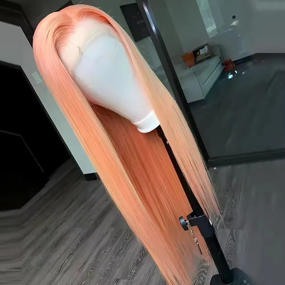 Light orange long straight front lace wig with high-temperature fibre, shown with side bangs styling