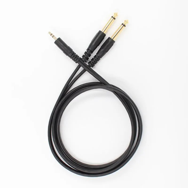 3.5mm to two 6.5mm male audio splitter cable on a black background
