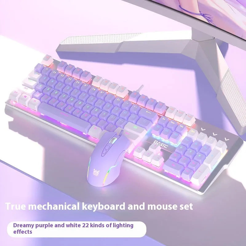 Purple and white mechanical keyboard and mouse combo set with backlit keys on desk