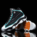 High-top basketball shoes in AJ13 white red colourway with mesh upper and rubber sole