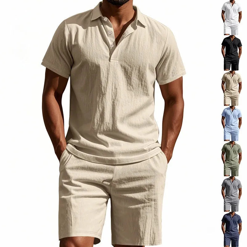 Men's loose fit apricot linen blend short sleeve shirt and shorts set for summer