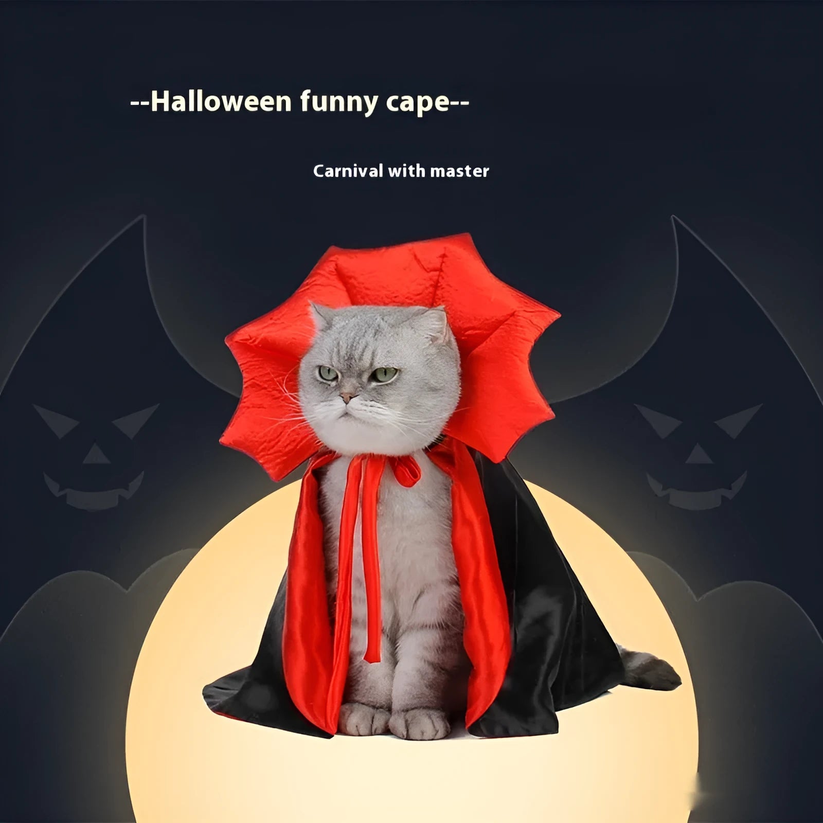 Black and red Halloween costume for a cat or dog on a hanger.