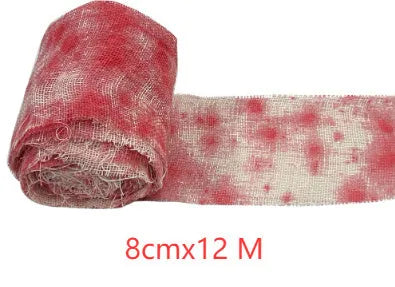 Red and white polyester Halloween horror bandage showing 8cm width and rolled length