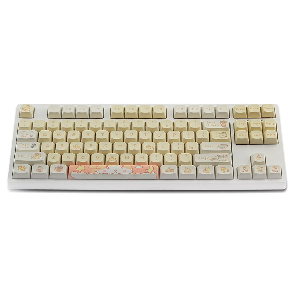 XDA profile mechanical keyboard keycaps in custard colour with mouse grey and yellow designs