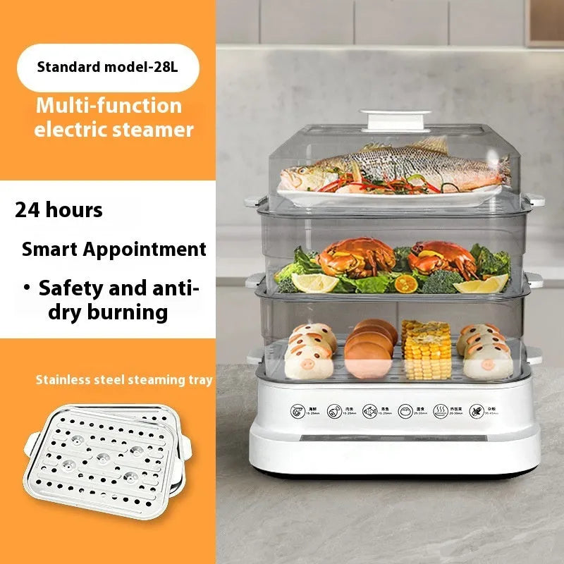 28 litre stainless steel electric steamer with automatic measuring function and polypropylene liner