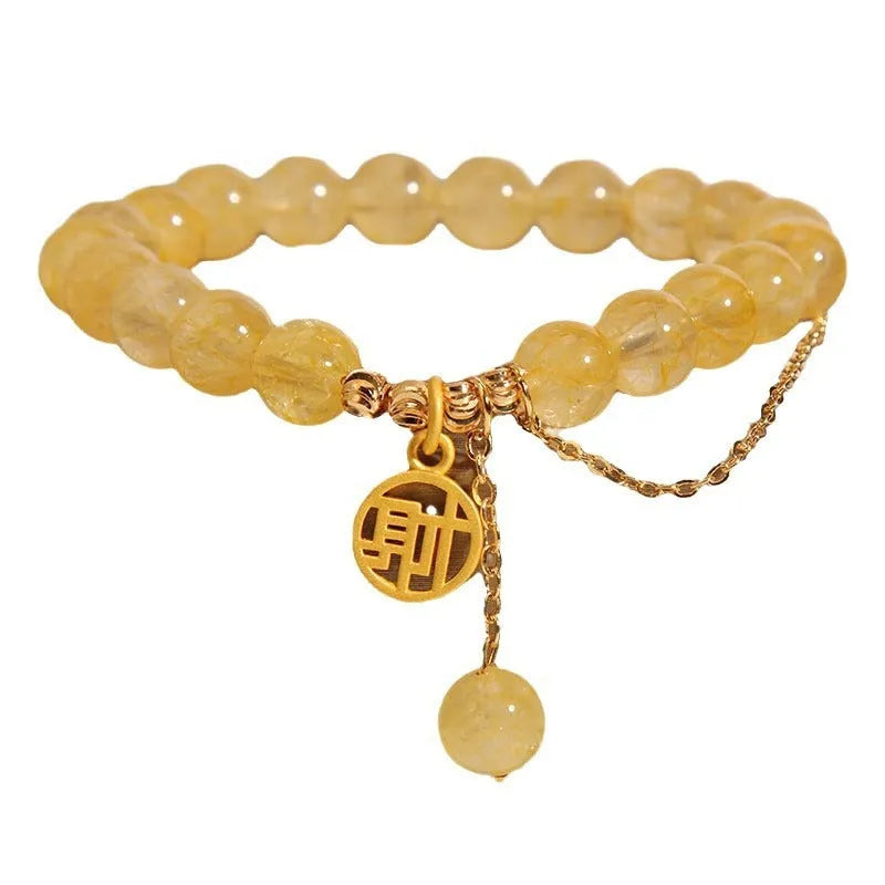 Natural citrine stone bracelet with electroplated metal and Chinese character tassel charm