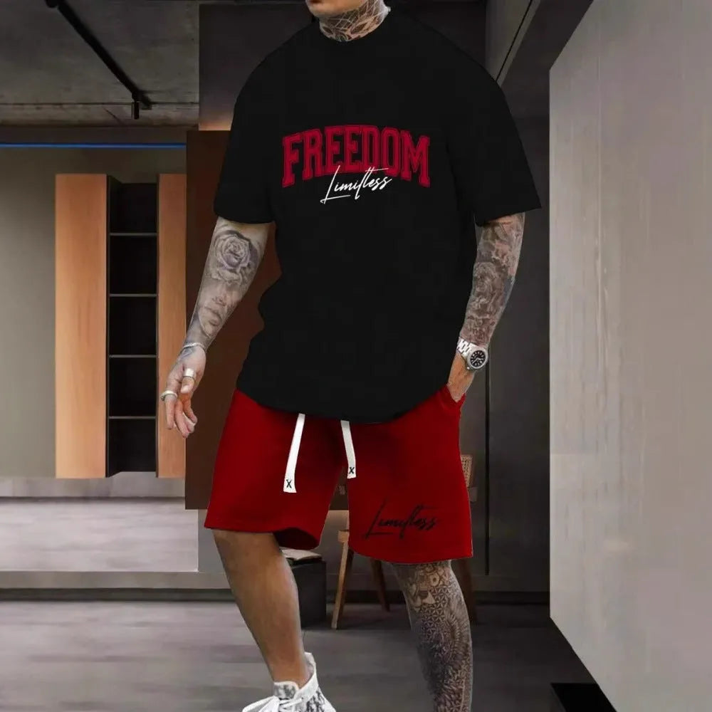 Man wearing a matching 3D printed letter design short sleeve top and shorts in a sportswear setting.