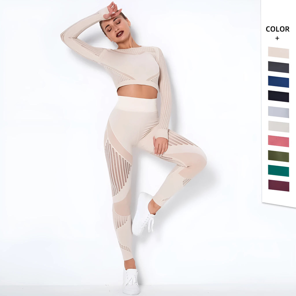 Ethkafi women's seamless long-sleeved yoga wearsuit in a striped pattern.