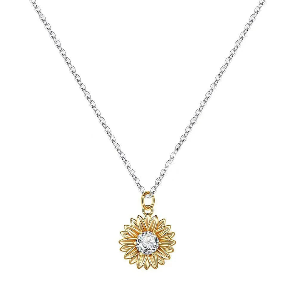 925 silver sunflower necklace with geometric pendant and cross chain, adjustable length