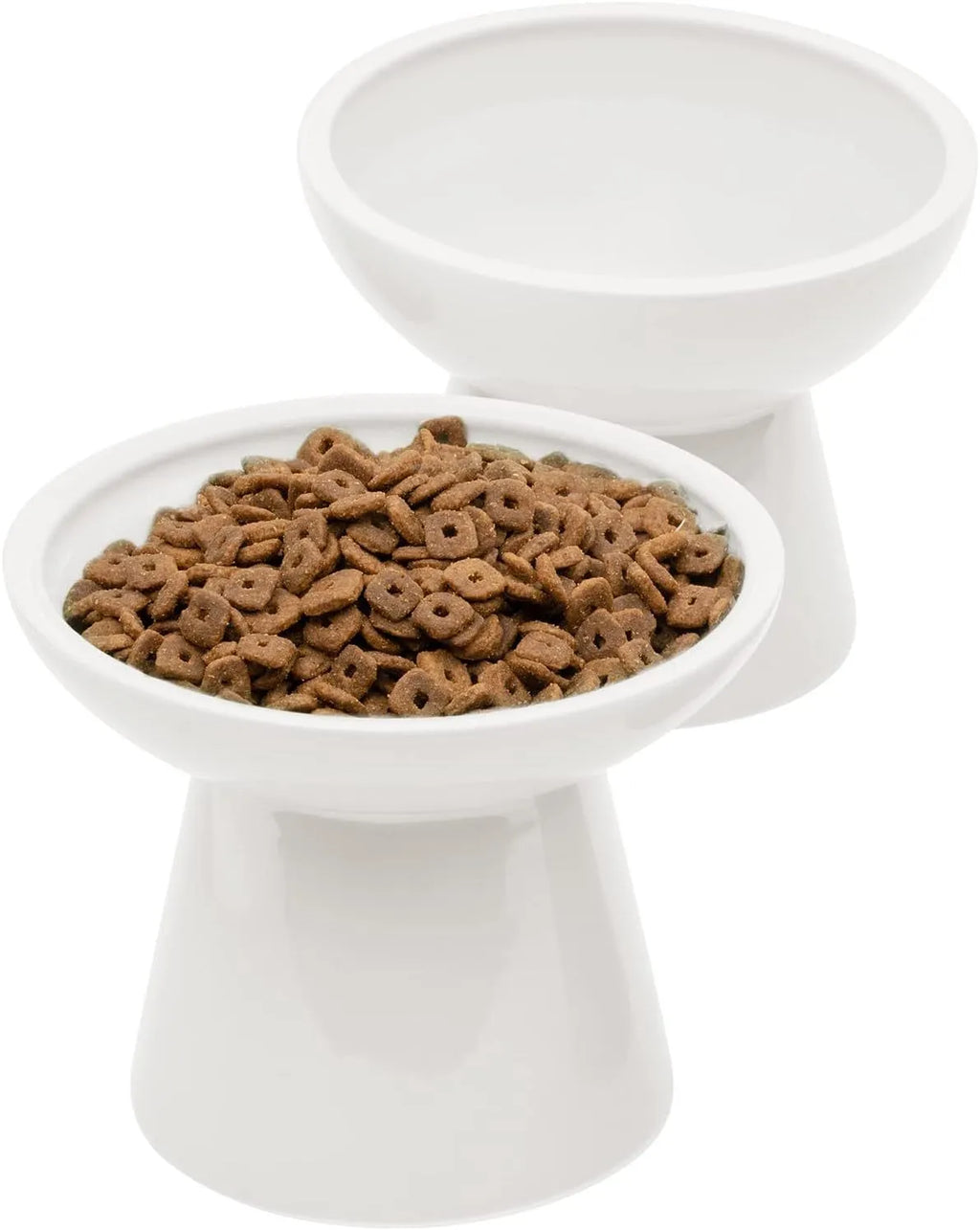 Ceramic elevated cat food and water bowls in blue, green, pink, and white colours