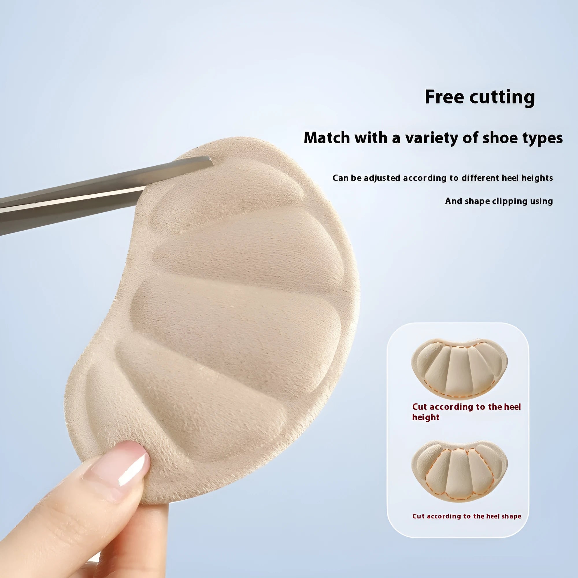 Camel coloured suede heel cushion pads with adhesive backing, measuring 9.3 x 6 cm
