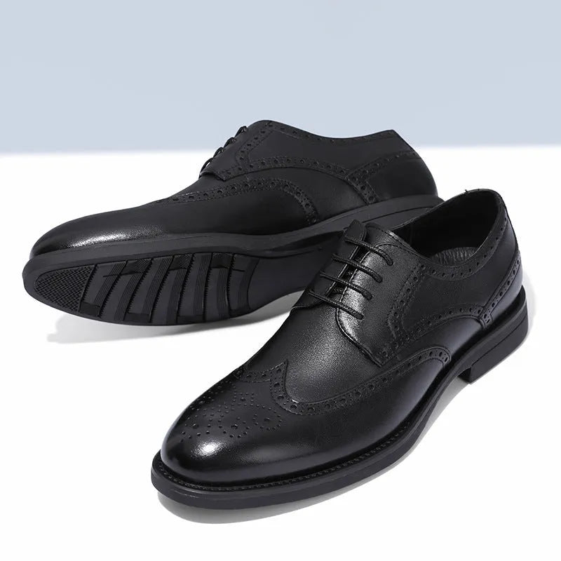 Men's black and brown brogue leather business shoes with traditional perforated detailing