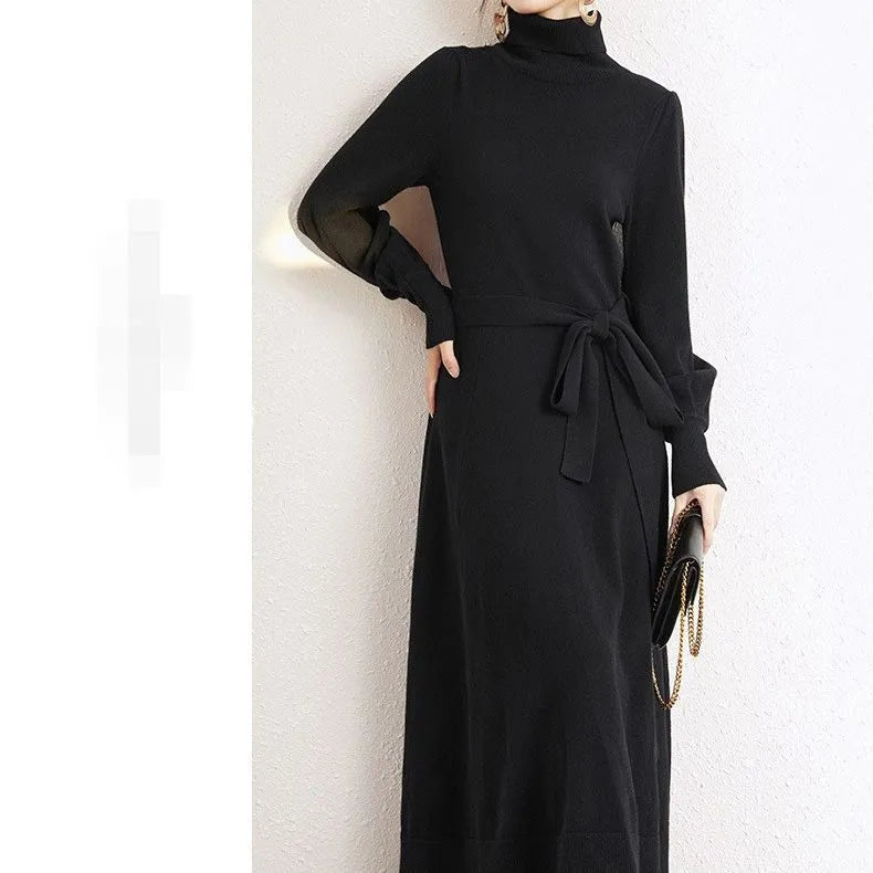 Turtleneck knit dress with elastic waist and loose big hem in solid colour