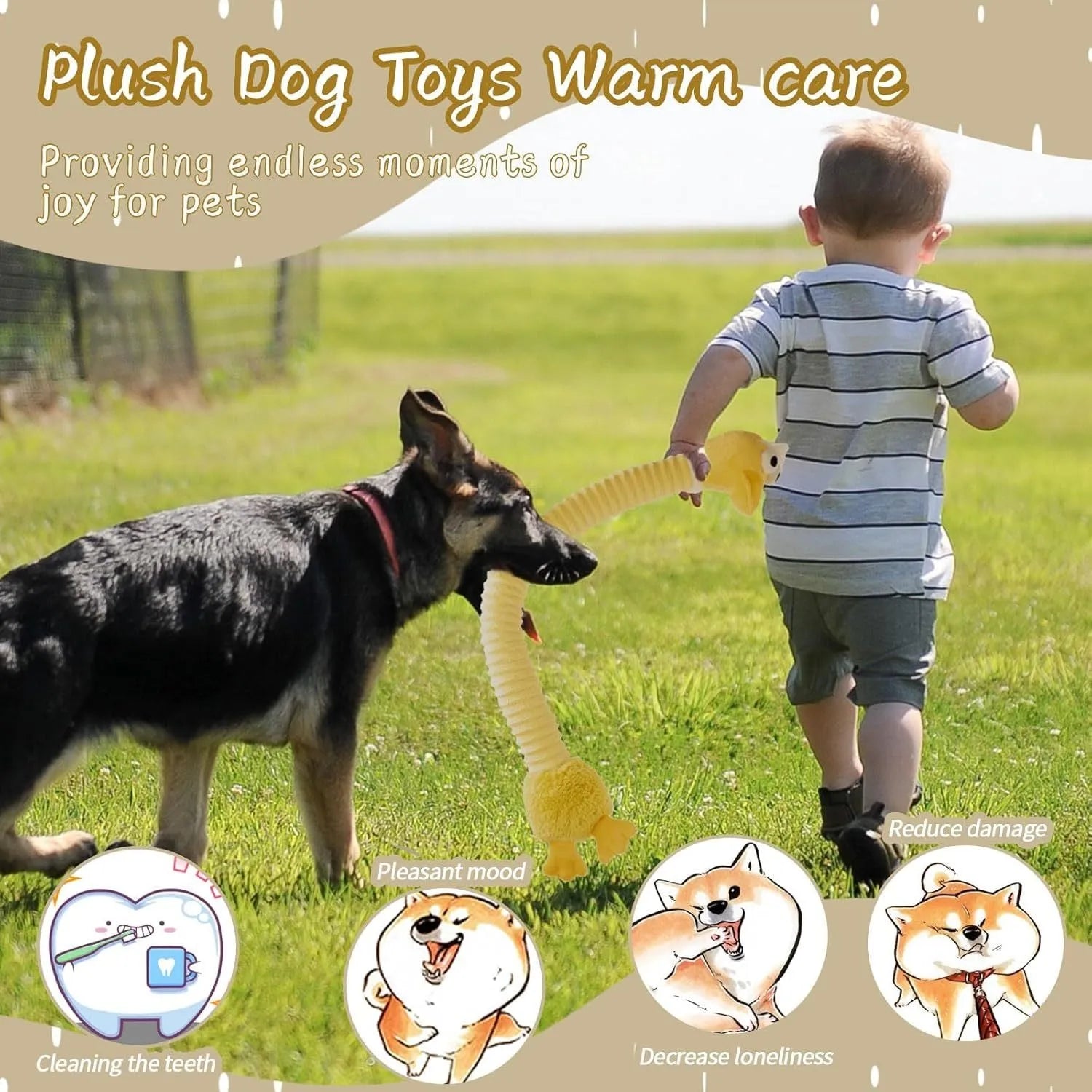 Brown, grey, and yellow plush dog toys with squeakers and crinkle paper inside.