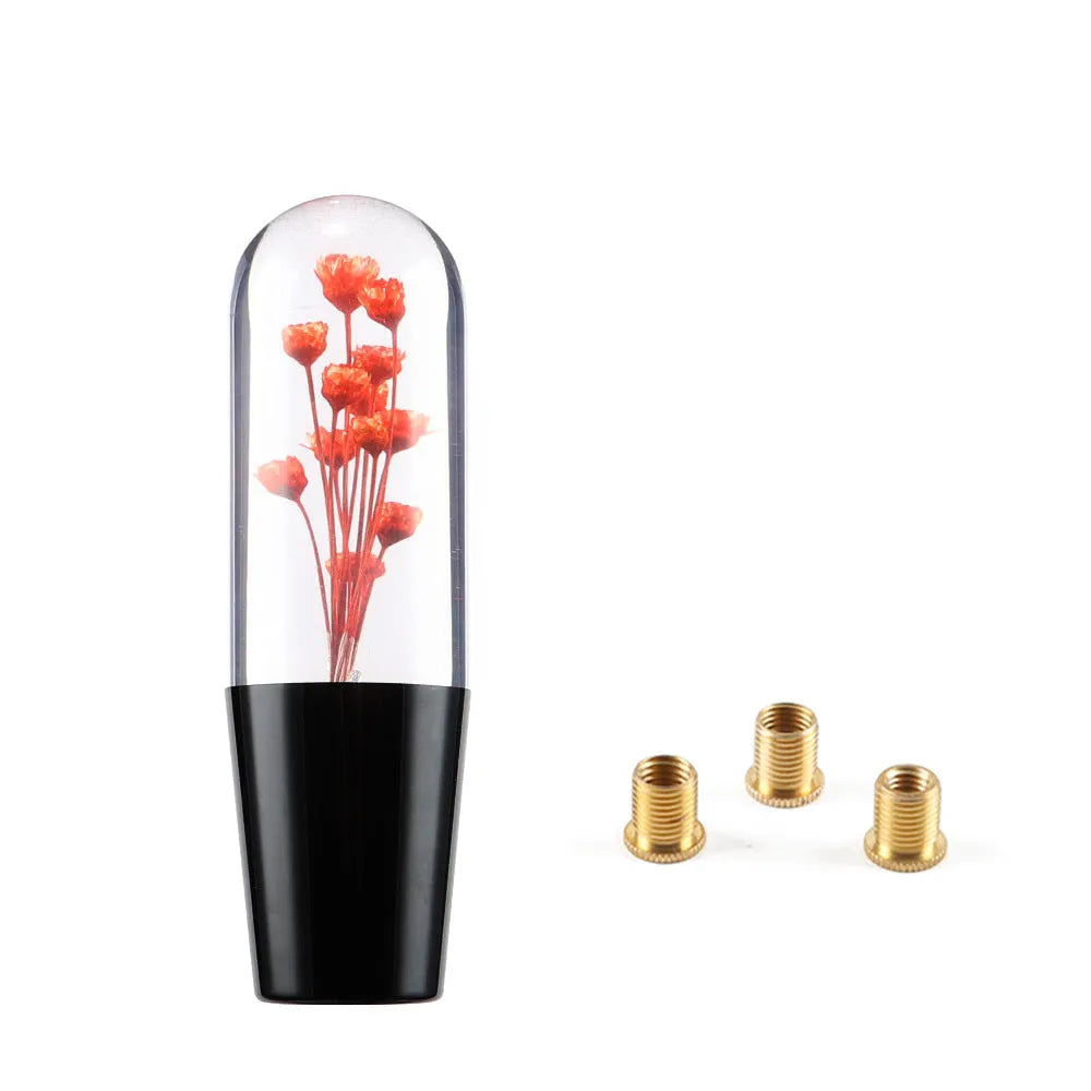 15cm transparent crystal car gear head with water flower design, shown with three metal adapters.