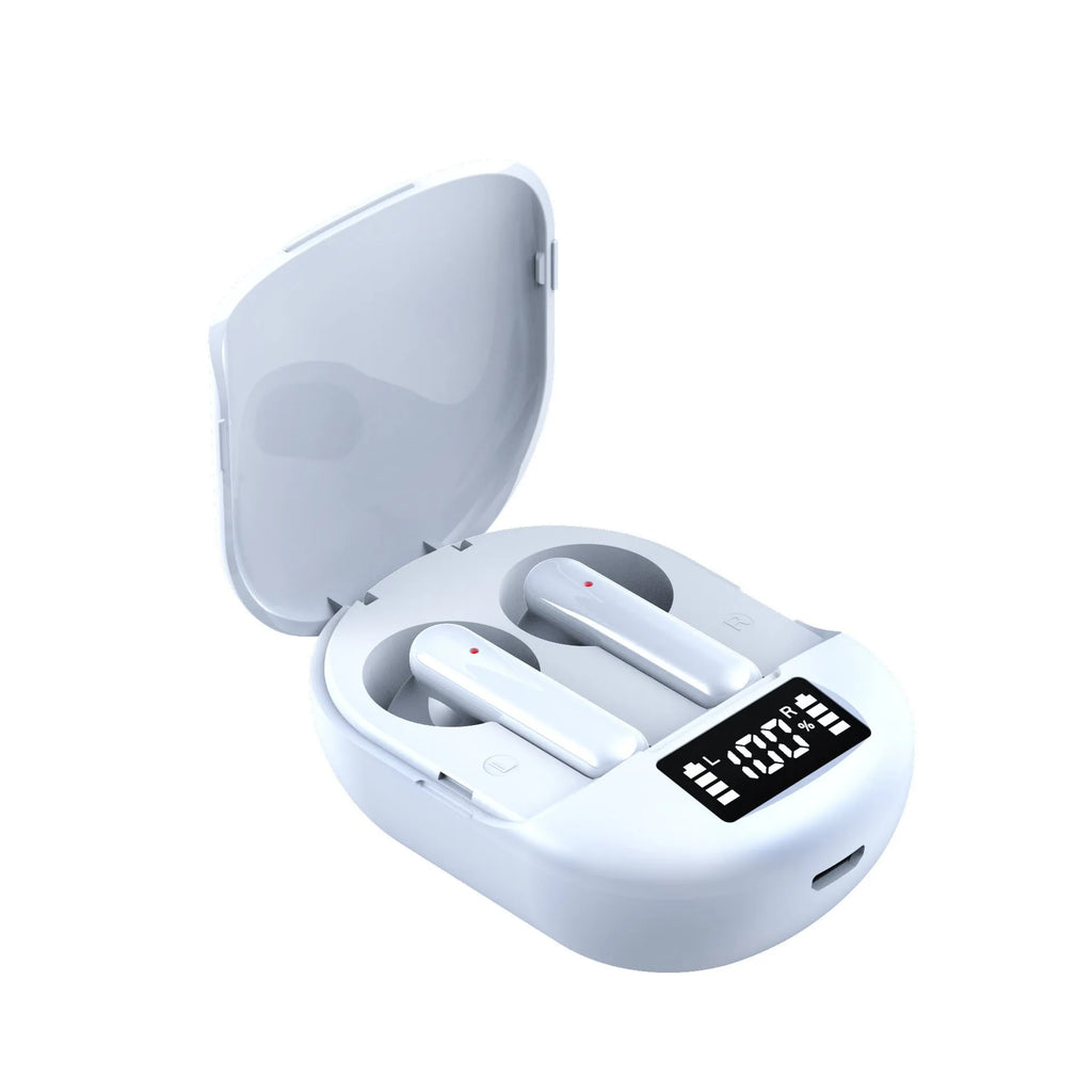 Black and white wireless Bluetooth in-ear headset with charging case showing digital display
