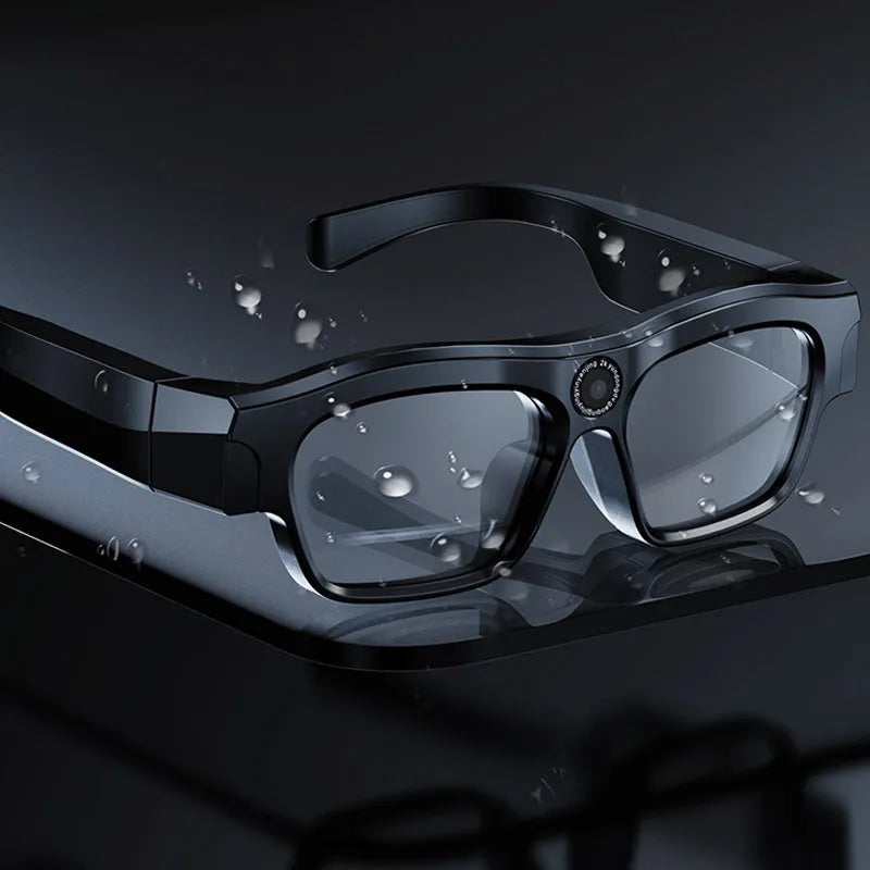 Black head-mounted smart Bluetooth glasses with transparent lenses for video recording