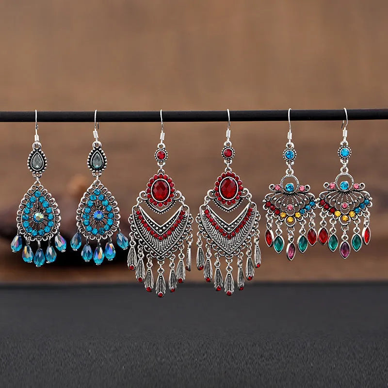 Purple retro ethnic style long fringe drop earrings with crystal details on alloy base