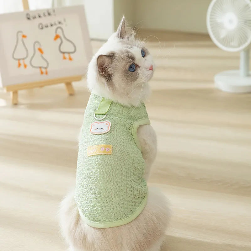 Cat wearing blue bear patch clothing with hollowed-out knitted fabric construction