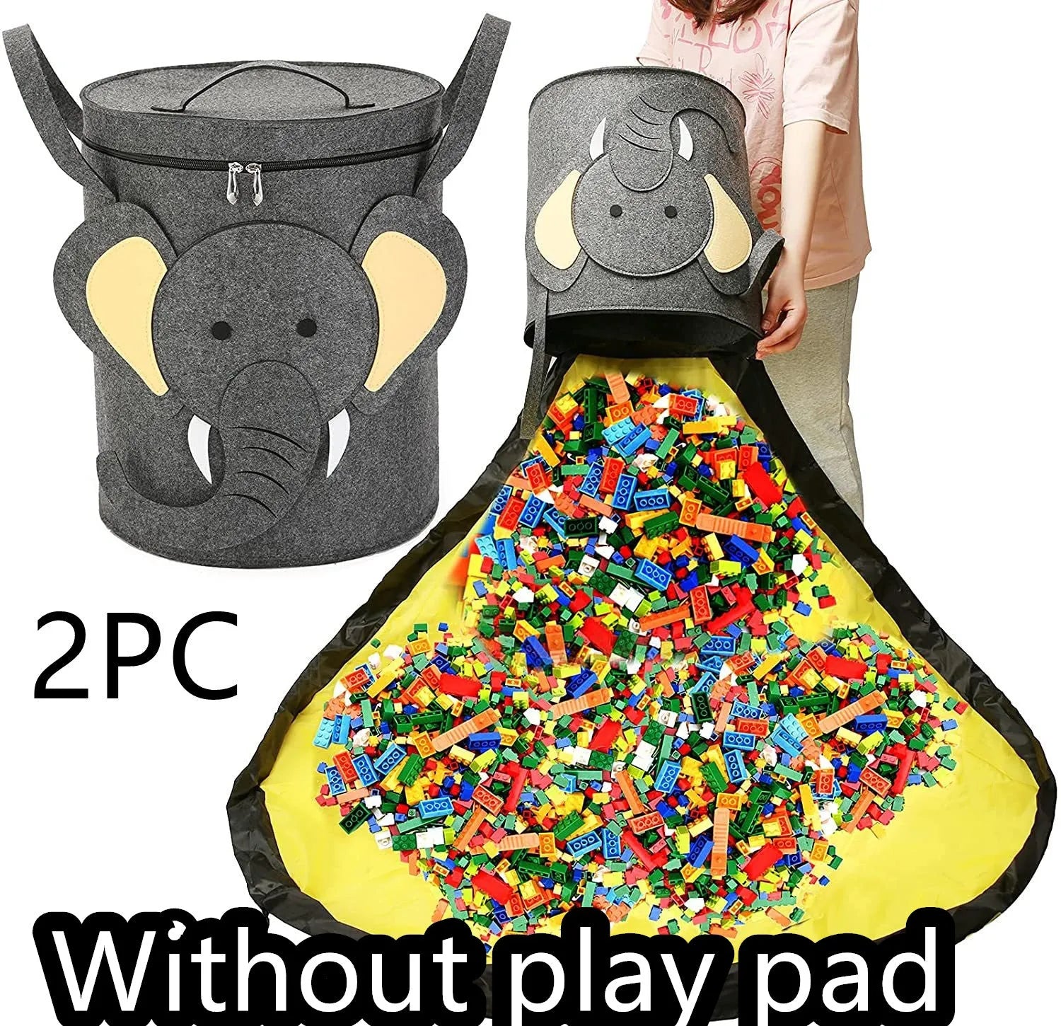 Green felt cube storage bag with pull rope that converts into a flat play mat for toys.