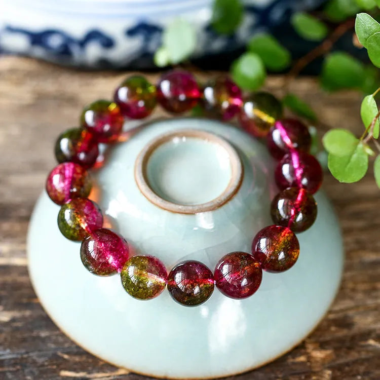 Handmade watermelon crystal bracelet for women, showing casual pastoral style.