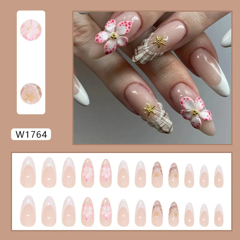 French style fake nails with rock pattern patch and simple floral design in W1764 colour