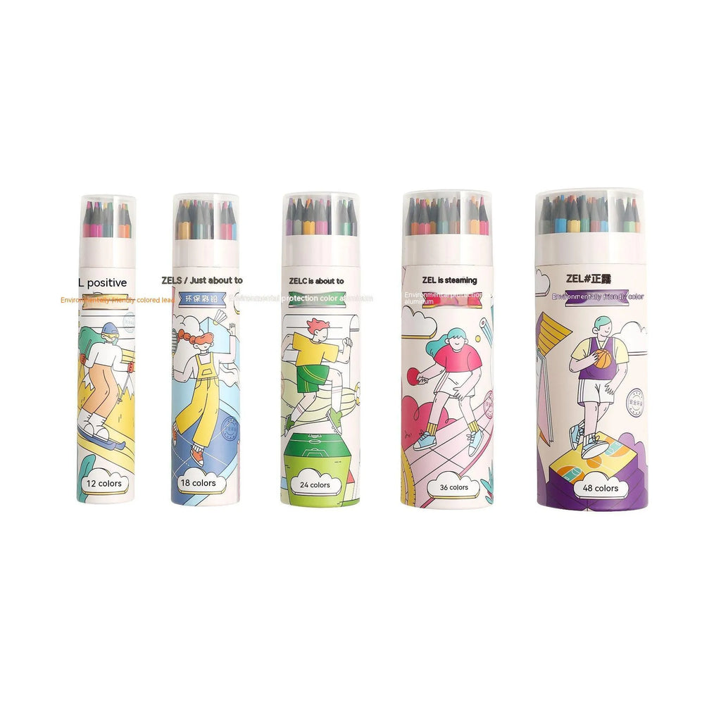 Zhenglin Sports Series colour pencil set for children with paper barrels, showing multiple colour lead options.