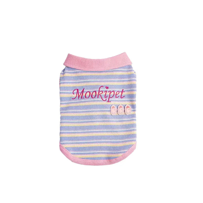 Pink purple soft fleece autumn vest for a small dog or cat, shown with size chart from XXS to XXL.