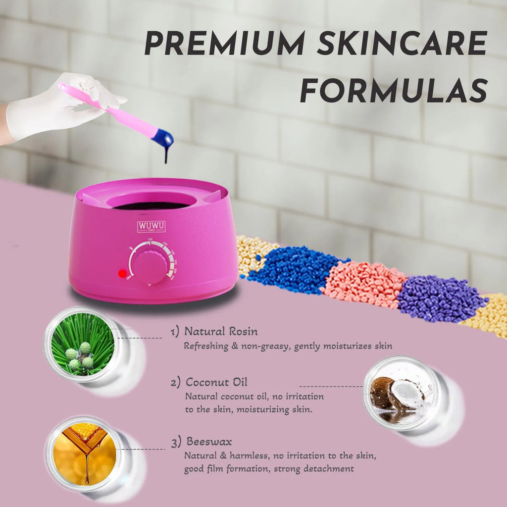 Professional waxing kit with black or pink wax warmer, hard wax beans, applicator sticks, post-treatment lotion and cooling masks.