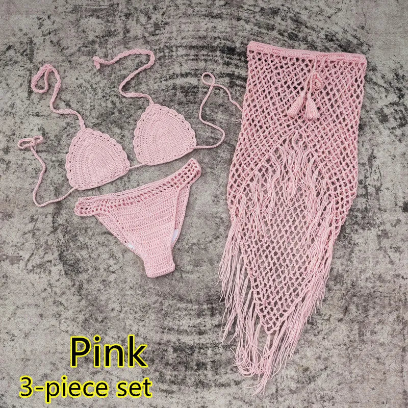 Women's 3-piece handmade crochet bikini set with skirt cover-up in solid colour acrylic fibre