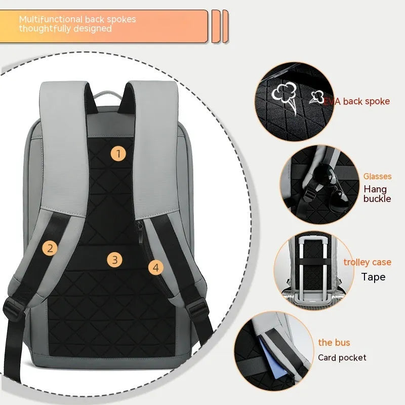 Men's business backpack in Oxford cloth with USB interface, solid colour, gray or blue, under 20L