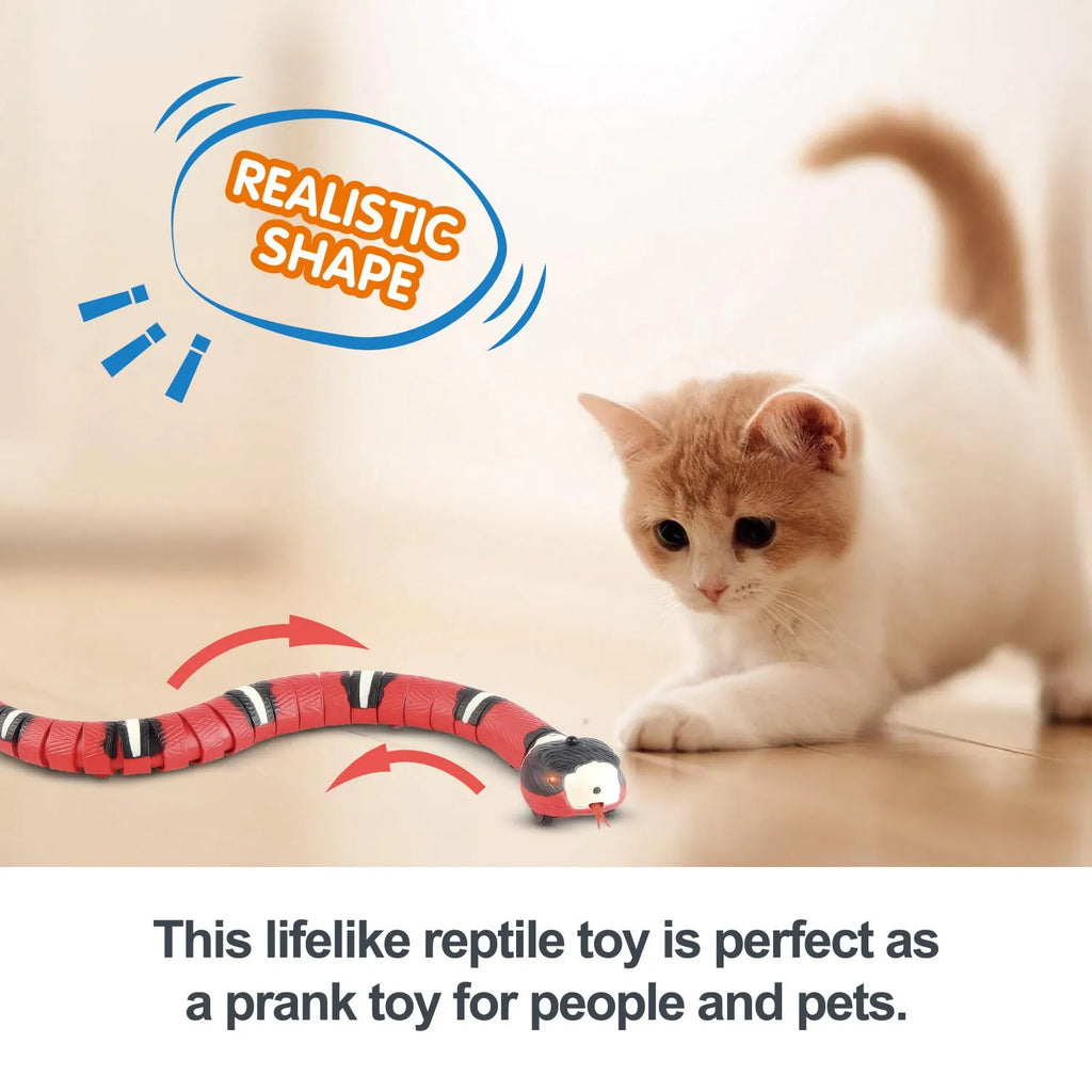 Smart sensing interactive snake cat toy with segmented plastic body and USB charging port