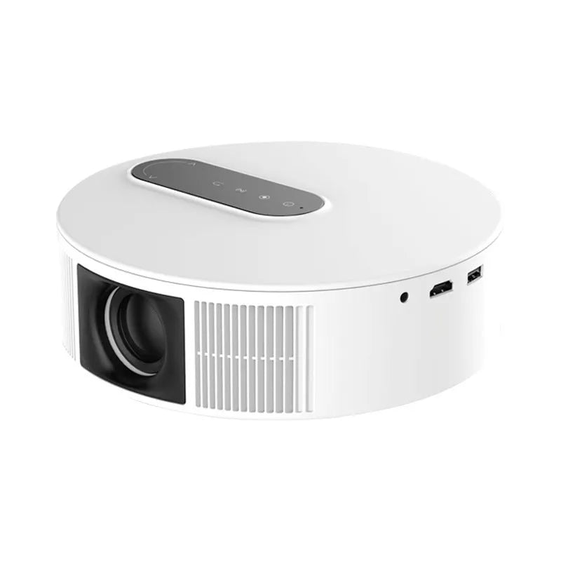 White HD home theatre projector with remote control on dark background
