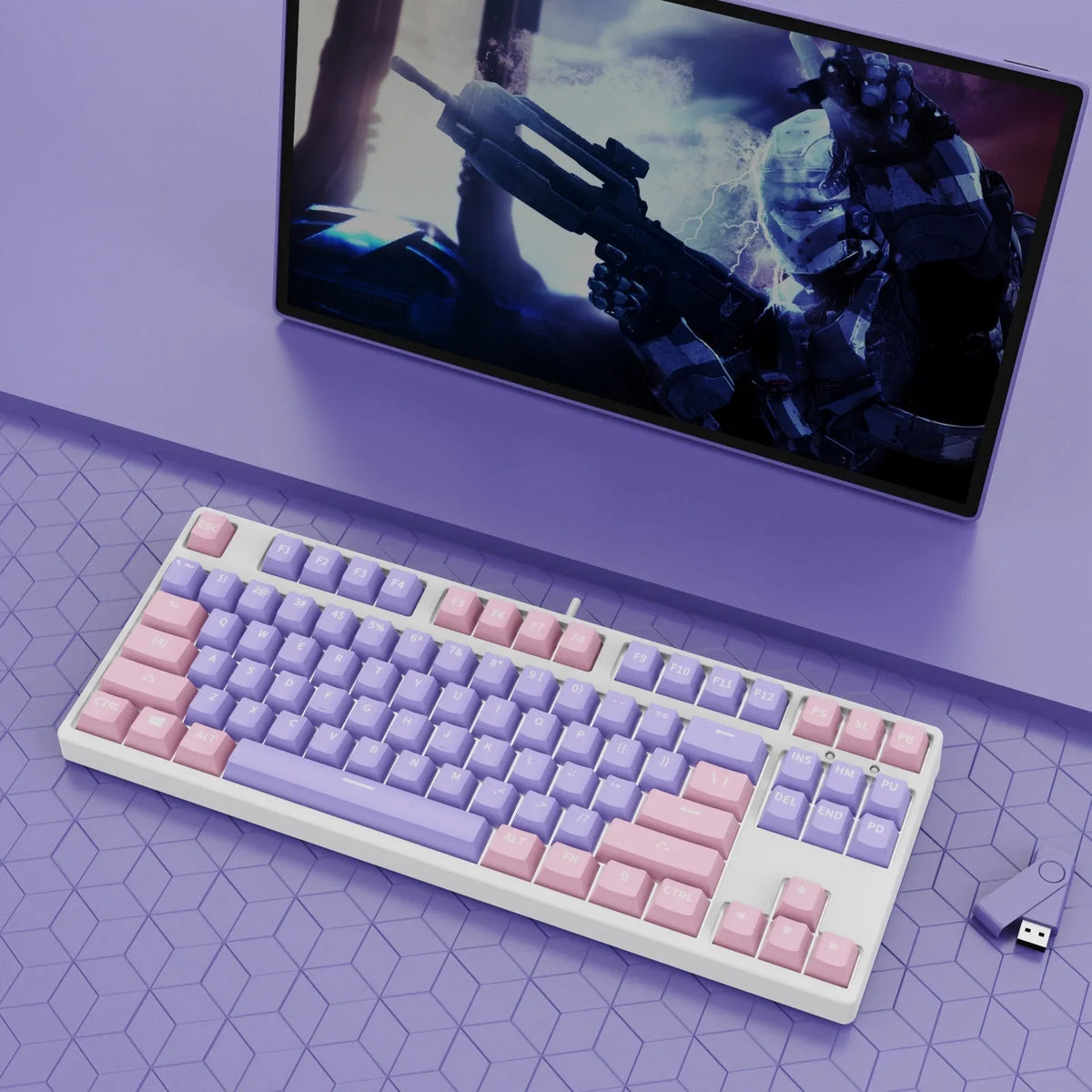 87-key mechanical keyboard with colourful keys on black or white metal chassis