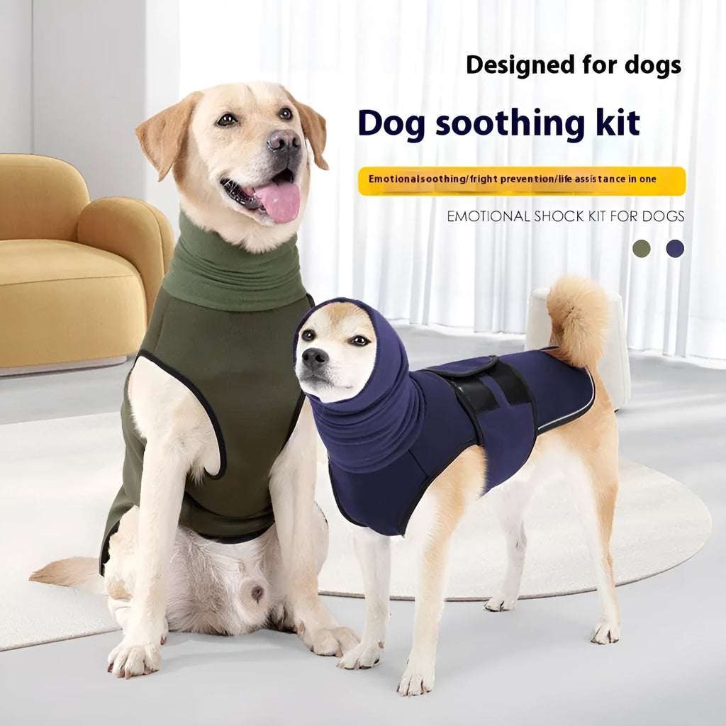 Polyester dog anti-anxiety jacket in army green or dark blue available in seven sizes from XS to XXXL