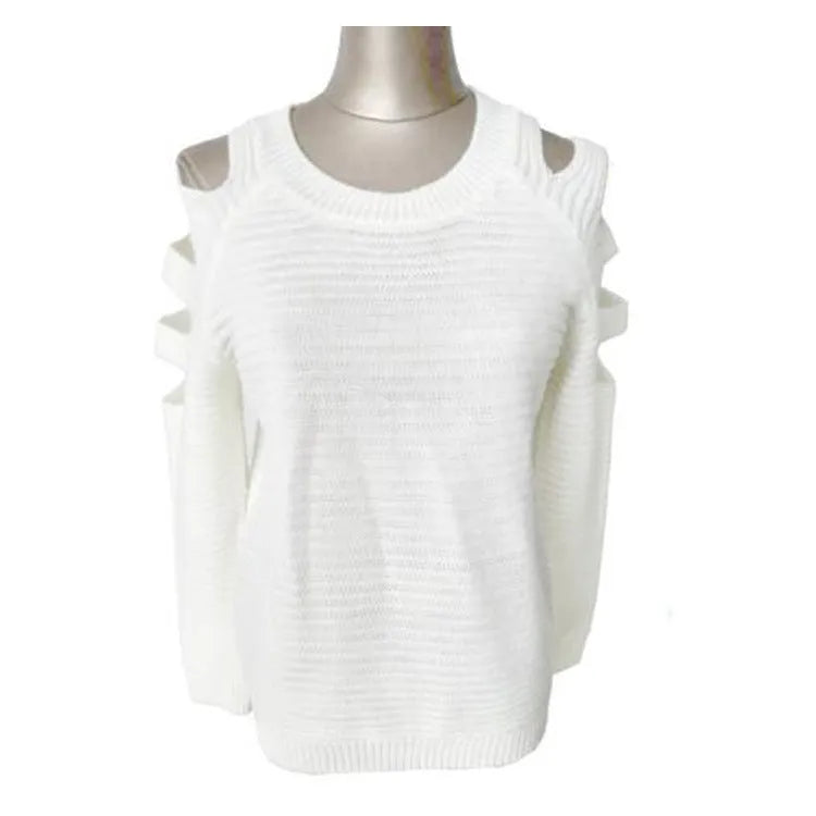 Women's white knitted bottoming shirt with hollow-out crochet detail showing round neck and long sleeve construction