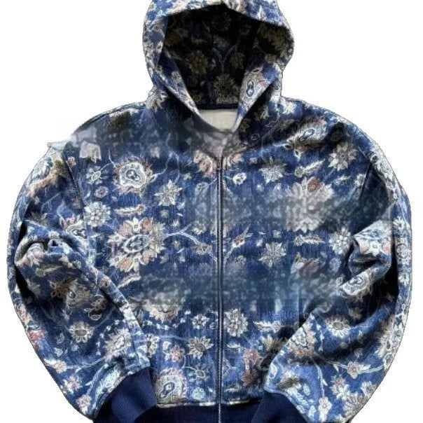 A man's loose-fitting blue hooded zip coat with long sleeves, shown front-on.