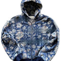 A man's loose-fitting blue hooded zip coat with long sleeves, shown front-on.