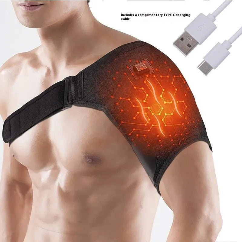 Grey electric heating shoulder pad with micro-USB cable for 5V power connection.
